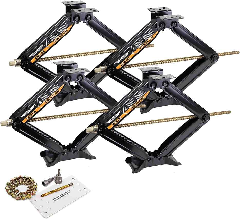 LIBRA Set of 4 - 24\ Inch 6000lbs RV Trailer Camper Stabilizer Leveling Scissor Jacks - Includes Dual Power Drill Sockets & Mounting Hardware